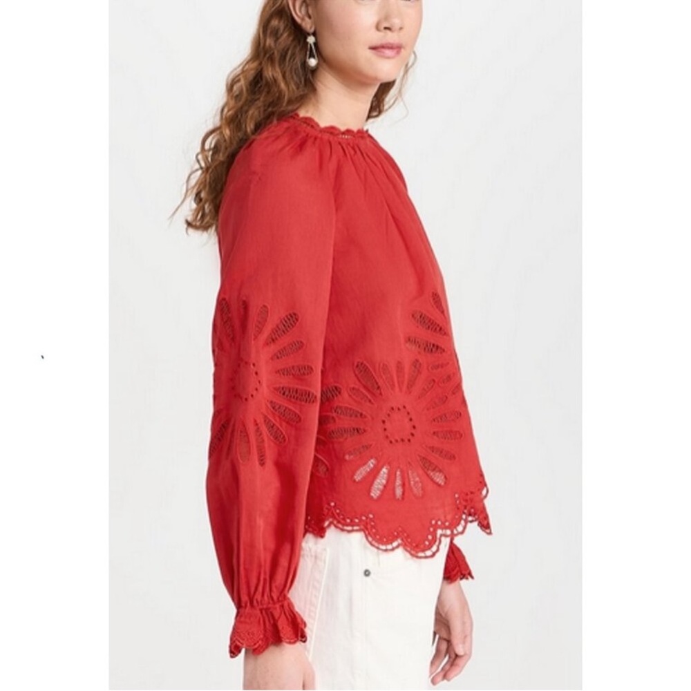 Ulla Johnson | Louisa Red Floral Eyelet Linen Blend Blouse Women’s Sz 6 - Picture 7 of 7